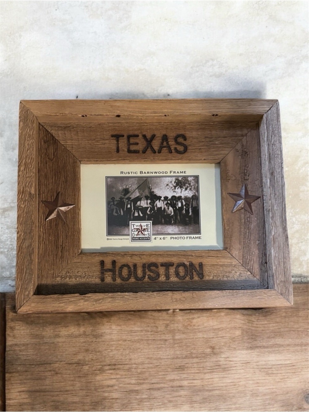 Houston Texas photo frame 4”x 6” home rustic wood stars stamped embossed writing